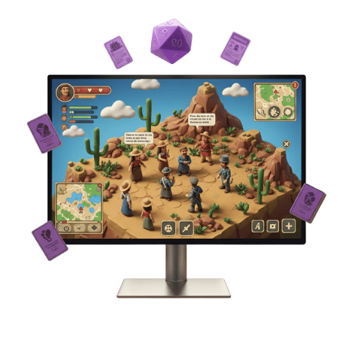 Uma imagem 3D vibrante de um monitor de computador que exibe um jogo de RPG de mesa (tabletop RPG). Na tela, há um cenário de deserto com cactos e uma grande formação rochosa no centro, onde um grupo de sete personagens, vestidos em trajes de caubói, está reunido. A interface do jogo inclui mapas no canto superior direito e inferior esquerdo, além de informações de saúde e experiência de um dos jogadores no canto superior esquerdo. Objetos 3D flutuam ao redor da tela: um grande dado roxo de 20 faces no topo e quatro cartas roxas, duas em cada lado. As cartas parecem pertencer ao jogo.